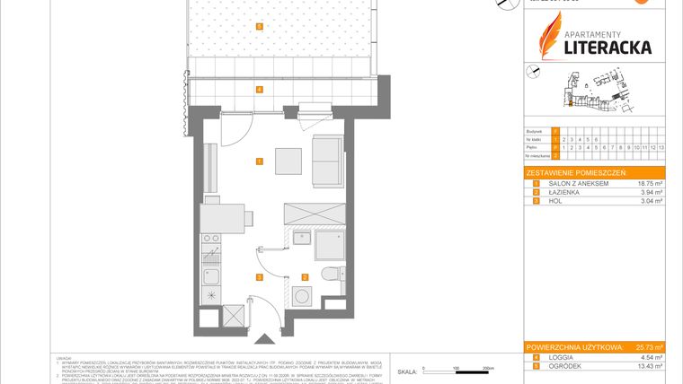 Rzut - Mieszkanie na sprzedaż 1 pokój o powierzchni 25,73 m² - numer F.2 w Apartamenty Literacka etap 2.3