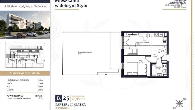 Rzut - Mieszkanie na sprzedaż 2 pokoje o powierzchni 40,95 m² - numer B25 w Mickiewicza