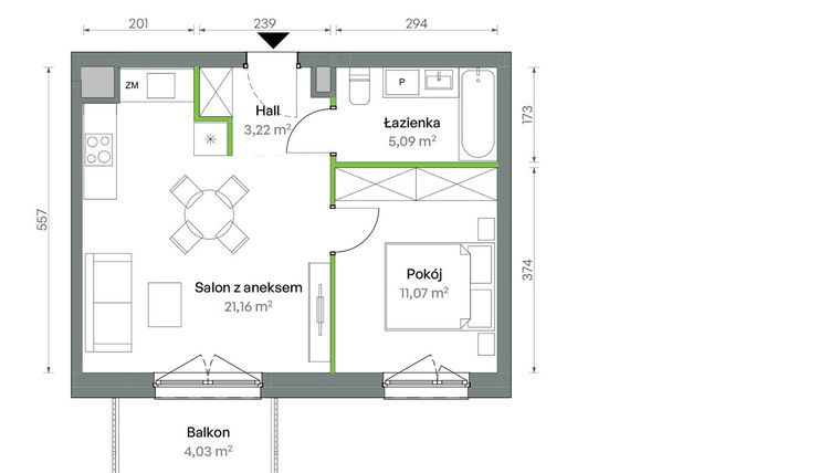 Rzut - Mieszkanie na sprzedaż 2 pokoje o powierzchni 40,54 m² - numer 1/A/1/23 w Oliwska Vita