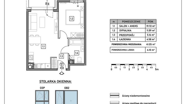 Rzut - Mieszkanie na sprzedaż 2 pokoje o powierzchni 41,05 m² - numer A.2.2 w GreenLine