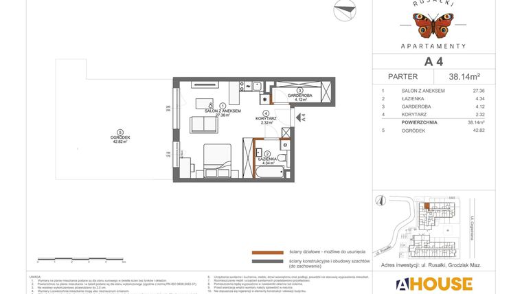 Rzut - Mieszkanie na sprzedaż 1 pokój o powierzchni 38,14 m² - numer A4 w Apartamenty Rusałki