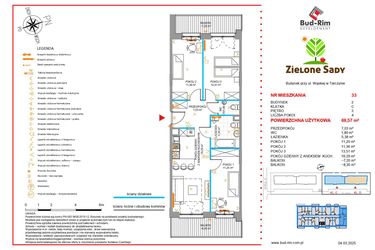 Rzut - Mieszkanie na sprzedaż 4 pokoje o powierzchni 69,57 m² - numer 33 w Zielone Sady etap II