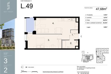 Rzut - Mieszkanie na sprzedaż 2 pokoje o powierzchni 47,68 m² - numer L49 w Sky Trust etap II - apartamenty inwestycyjne 23% VAT PRS