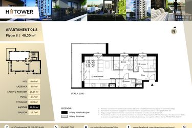 Rzut - Mieszkanie na sprzedaż 3 pokoje o powierzchni 48,3 m² - numer Hi 01.8 w Hi Tower