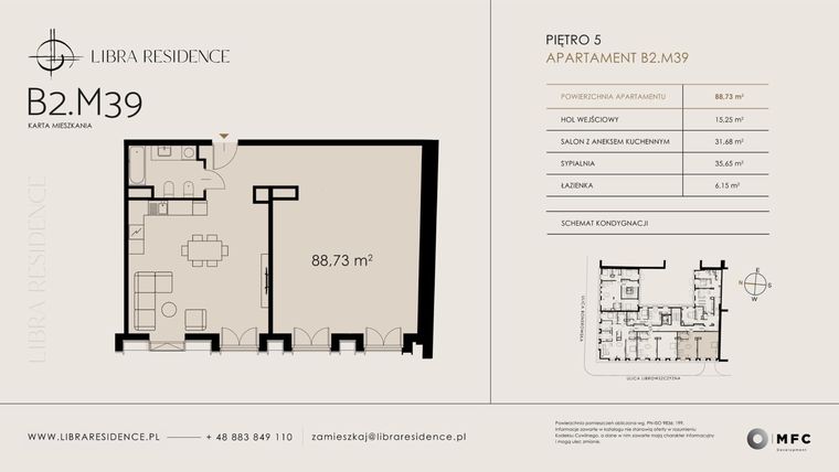 Rzut - Mieszkanie na sprzedaż 3 pokoje o powierzchni 88,73 m² - numer B2.M39 w Libra Residence