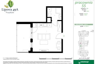 Rzut - Mieszkanie na sprzedaż 1 pokój o powierzchni 24,05 m² - numer 55B w Lipowa 49A - Apartamenty inwestycyjne