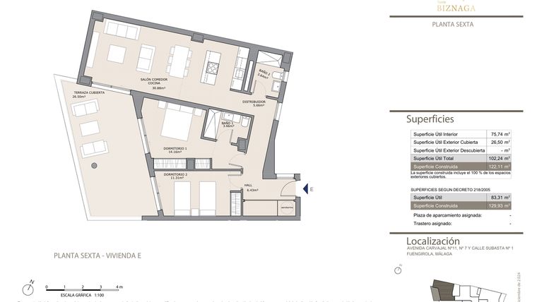 Rzut - Mieszkanie na sprzedaż 2 pokoje o powierzchni 122 m² - numer 6E w Torre Biznaga