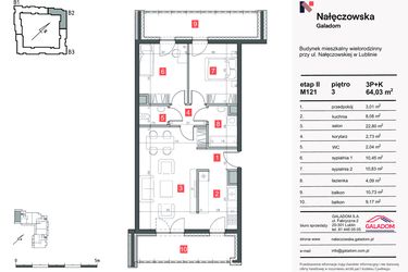 Rzut - Mieszkanie na sprzedaż 3 pokoje o powierzchni 64,03 m² - numer M-121 w Nałęczowska etap II