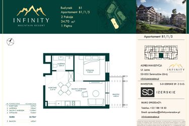Rzut - Mieszkanie na sprzedaż 2 pokoje o powierzchni 34,7 m² - numer B1/1/5 w Infinity Mountain Resort etap 2