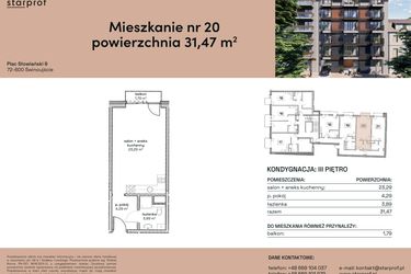 Rzut - Mieszkanie na sprzedaż 1 pokój o powierzchni 31,47 m² - numer M20 w Plac Słowiański 9