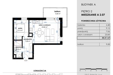 Rzut - Mieszkanie na sprzedaż 2 pokoje o powierzchni 44,51 m² - numer A 2.07 w Osiedle Kwiatowe