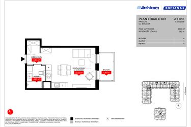 Rzut - Mieszkanie na sprzedaż 1 pokój o powierzchni 32,89 m² - numer A1 065 w Osiedle Bociana 5