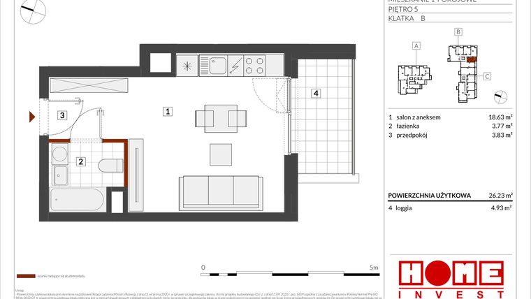 Rzut - Mieszkanie na sprzedaż 1 pokój o powierzchni 26,23 m² - numer B2-B103 w Warszawski Świt etap IX