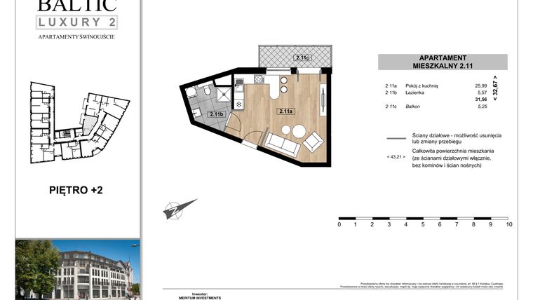 Rzut - Mieszkanie na sprzedaż 1 pokój o powierzchni 31,56 m² - numer 2.11 w Baltic Luxury 2
