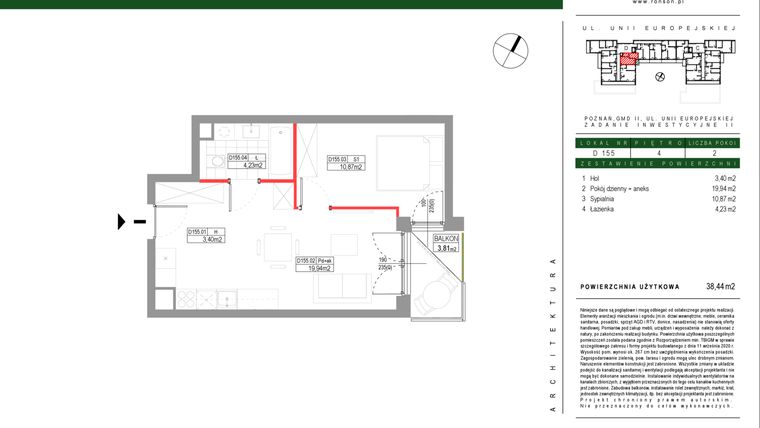 Rzut - Mieszkanie na sprzedaż 2 pokoje o powierzchni 38,44 m² - numer D155 w Grunwald Między Drzewami etap III