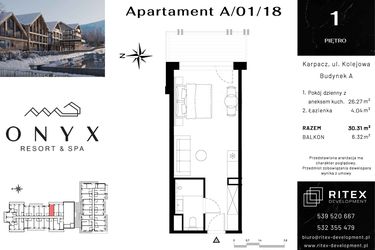 Rzut - Mieszkanie na sprzedaż 1 pokój o powierzchni 30,31 m² - numer 01.A18 w Onyx Resort & Spa