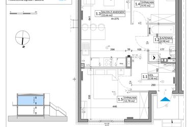 Rzut - Mieszkanie na sprzedaż 3 pokoje o powierzchni 56,89 m² - numer 55B w Osiedle Młodych etap IX