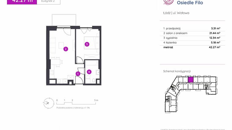 Rzut - Mieszkanie na sprzedaż 2 pokoje o powierzchni 42,27 m² - numer 2.C.1.04 w Murapol Osiedle Filo etap II