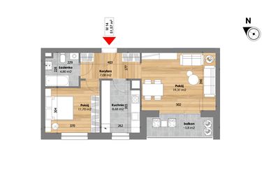Rzut - Mieszkanie na sprzedaż 2 pokoje o powierzchni 51,57 m² - numer M14 w Przy Kochanowskiego
