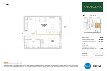 Rzut - Mieszkanie na sprzedaż 2 pokoje o powierzchni 49,9 m² - numer B.2.02 w Ananasowa