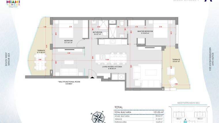 Rzut - Mieszkanie na sprzedaż 3 pokoje o powierzchni 121,05 m² - numer P7-BL3-A w Miami Towers
