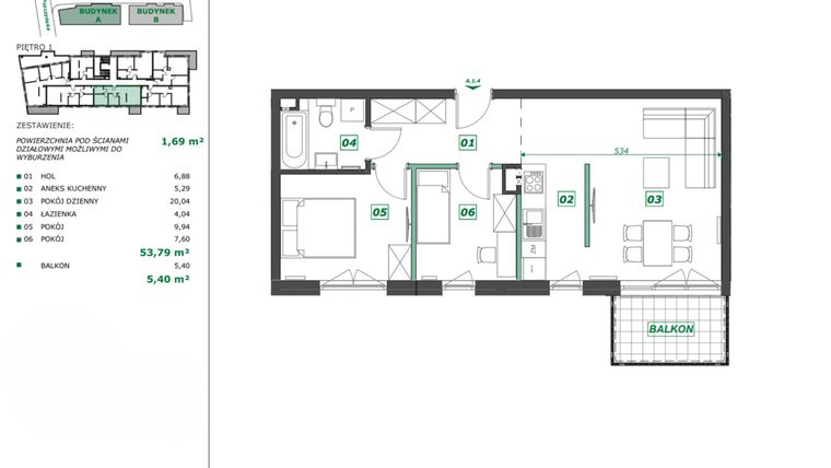 Rzut - Mieszkanie na sprzedaż 3 pokoje o powierzchni 55,43 m² - numer A.1.4 w Apartamenty Pszczyńska