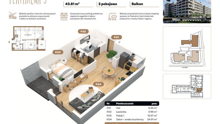 Rzut - Mieszkanie na sprzedaż 2 pokoje o powierzchni 43,81 m² - numer A 1.10 w Teatralna 3 - etap II