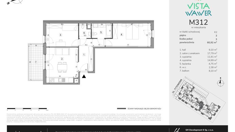 Rzut - Mieszkanie na sprzedaż 3 pokoje o powierzchni 60,92 m² - numer M312 w Vista Wawer