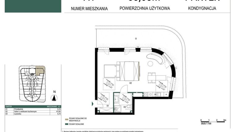 Rzut - Mieszkanie na sprzedaż 1 pokój o powierzchni 58,68 m² - numer A1 w Drago