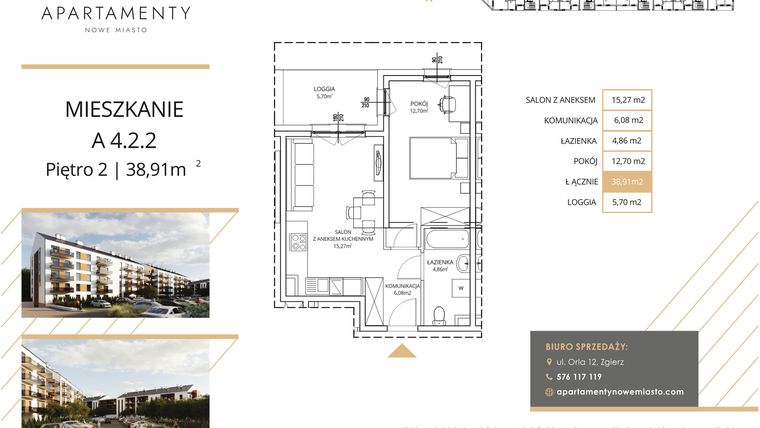 Rzut - Mieszkanie na sprzedaż 2 pokoje o powierzchni 38,91 m² - numer A4.2.2 w Apartamenty Nowe Miasto
