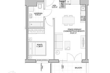Rzut - Mieszkanie na sprzedaż 2 pokoje o powierzchni 44,01 m² - numer WO/P33/11 w Wiszące Ogrody