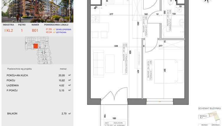 Rzut - Mieszkanie na sprzedaż 2 pokoje o powierzchni 40,94 m² - numer I-B1 w Industria etap I-B