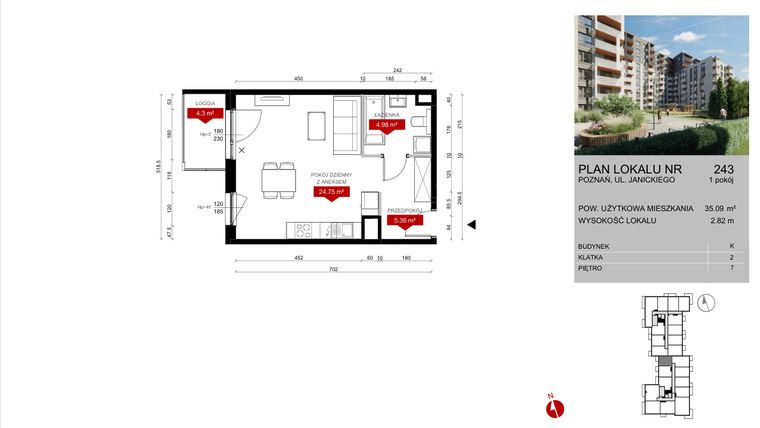 Rzut - Mieszkanie na sprzedaż 1 pokój o powierzchni 35,09 m² - numer K.243 w Wieża Jeżyce etap V