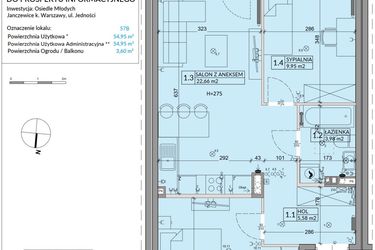 Rzut - Mieszkanie na sprzedaż 3 pokoje o powierzchni 54,95 m² - numer 57B w Osiedle Młodych etap IX