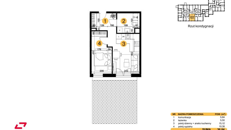 Rzut - Mieszkanie na sprzedaż 2 pokoje o powierzchni 36,84 m² - numer M02 w Punkt Wola