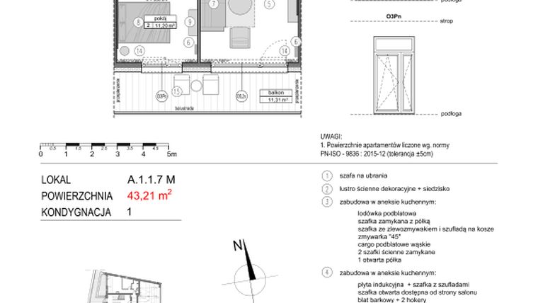 Rzut - Mieszkanie na sprzedaż 2 pokoje o powierzchni 43,18 m² - numer A.1.1.7M w Mikołajki Apartamenty