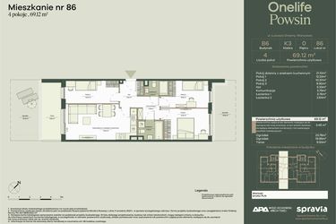 Rzut - Mieszkanie na sprzedaż 4 pokoje o powierzchni 69,12 m² - numer B6/86 w Onelife Powsin