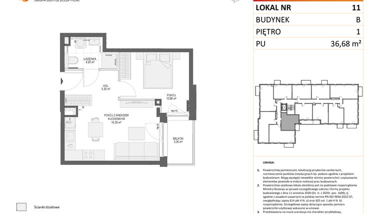 Rzut - Mieszkanie na sprzedaż 2 pokoje o powierzchni 36,68 m² - numer B11 w Osiedle Orzechowa