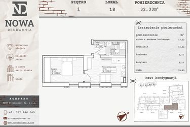 Rzut - Mieszkanie na sprzedaż 2 pokoje o powierzchni 32,33 m² - numer M18 w Nowa Drukarnia