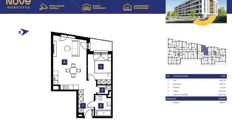 Rzut - Mieszkanie na sprzedaż 2 pokoje o powierzchni 51,17 m² - numer M30 w Nove Dobczyce