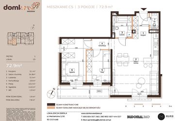 Rzut - Mieszkanie na sprzedaż 3 pokoje o powierzchni 75,2 m² - numer C5 w Domkove Widzew