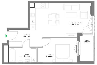 Rzut - Mieszkanie na sprzedaż 2 pokoje o powierzchni 46,51 m² - numer B1-33 w Forma Otwarta etap II