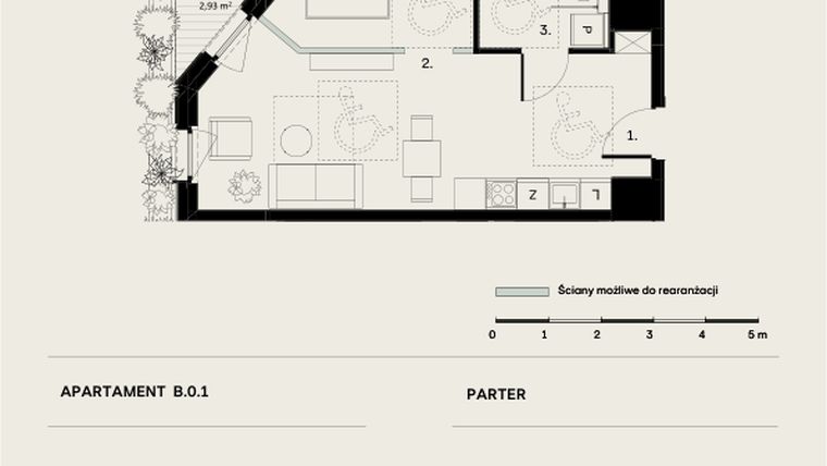 Rzut - Mieszkanie na sprzedaż 2 pokoje o powierzchni 42,42 m² - numer B/0/1 w Ogrodowa 12