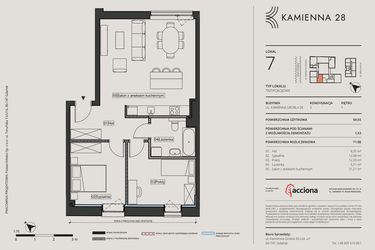 Rzut - Mieszkanie na sprzedaż 3 pokoje o powierzchni 70,87 m² - numer 28.7 w Kamienna 28