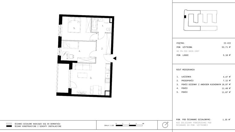 Rzut - Mieszkanie na sprzedaż 3 pokoje o powierzchni 53,54 m² - numer A23 P.II w Jurowiecka 22