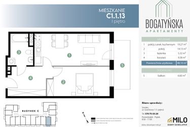Rzut - Mieszkanie na sprzedaż 2 pokoje o powierzchni 48,1 m² - numer C1.1.13 w Bogatyńska Apartamenty etap 3