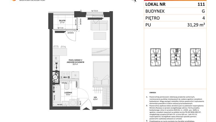 Rzut - Mieszkanie na sprzedaż 1 pokój o powierzchni 31,29 m² - numer G.111 w DOKI etap II (bud. G)