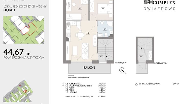 Rzut - Mieszkanie na sprzedaż 3 pokoje o powierzchni 44,67 m² - numer A60.2 w Osiedle Gwiazdowo etap 6B