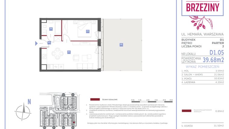Rzut - Mieszkanie na sprzedaż 2 pokoje o powierzchni 39,68 m² - numer D1.05 w Miasteczko Brzeziny II