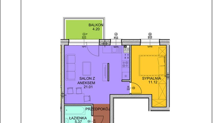 Rzut - Mieszkanie na sprzedaż 2 pokoje o powierzchni 42,18 m² - numer A11 w Osiedle Zuchów